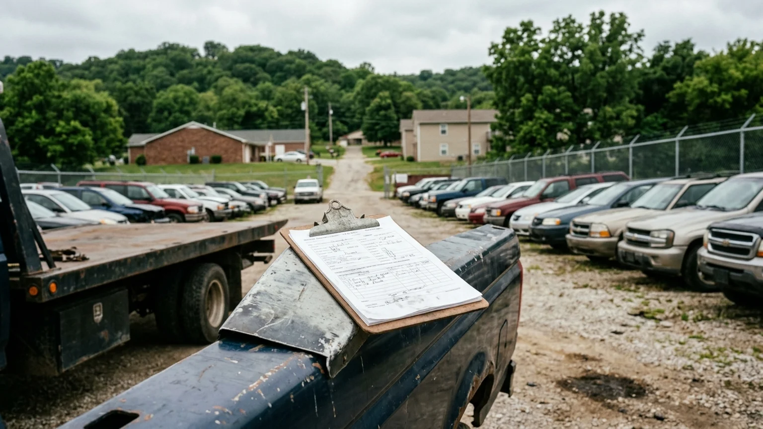 Printed towing rate sheet on a clipboard in a Missouri tow yard office
