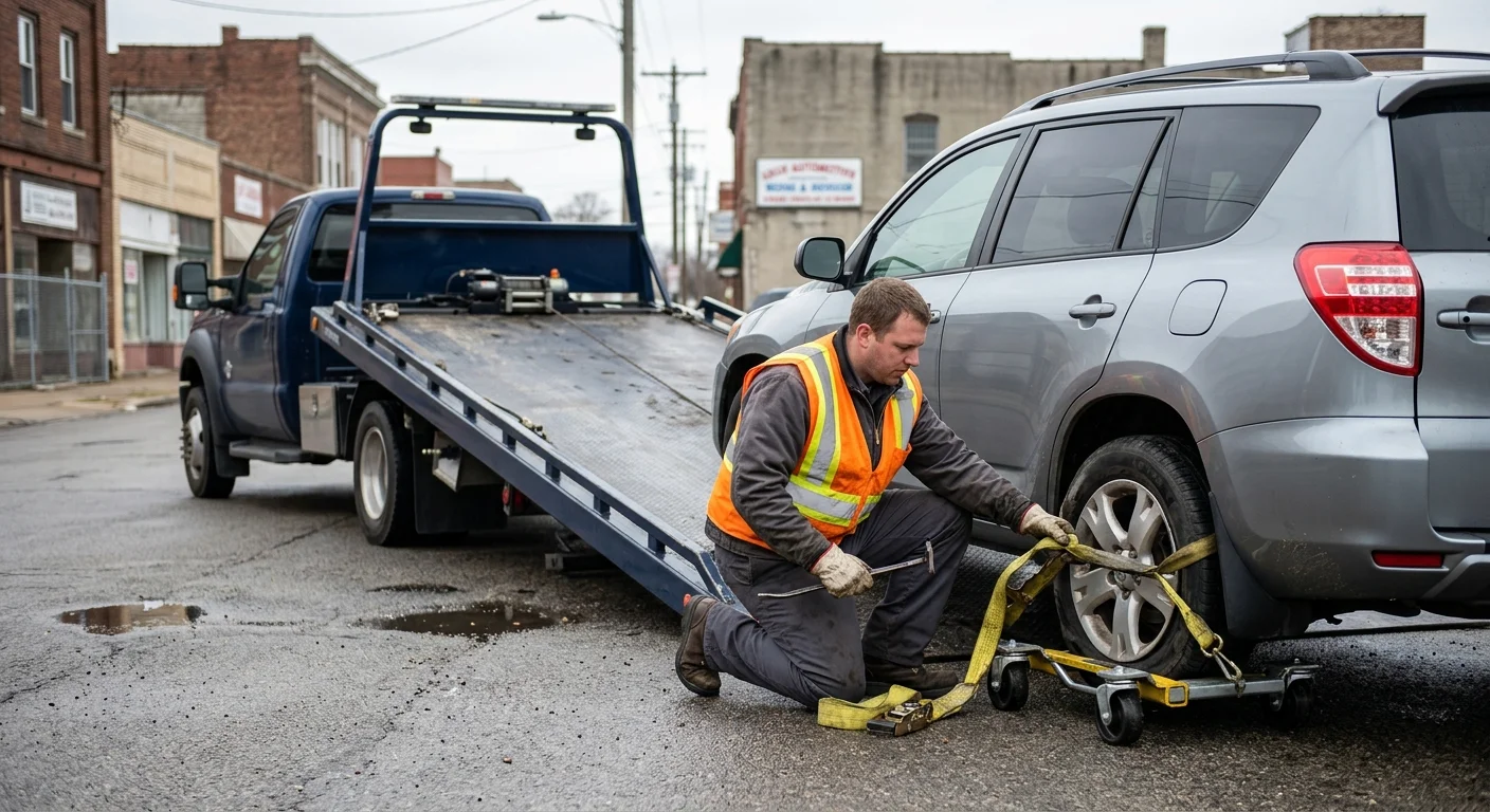 Damaged AWD crossover waiting for a flatbed operator in Springfield