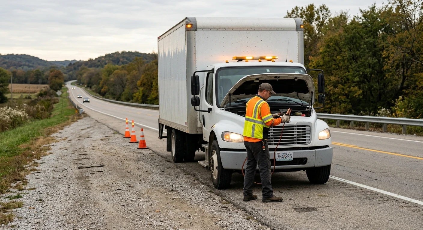 Box truck stopped with hazards on a rural Missouri highway shoulder