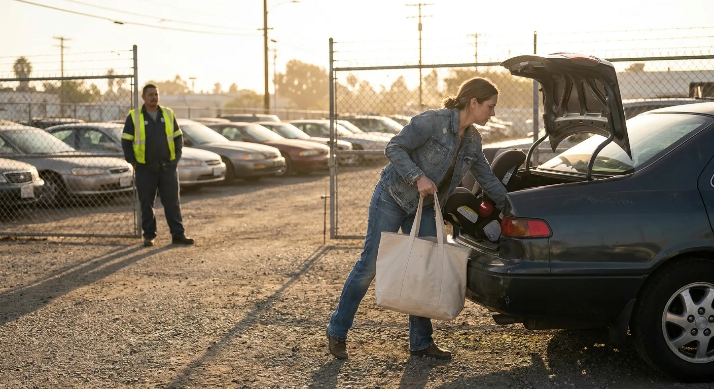 Personal items visible through the window of a car parked inside an impound lot