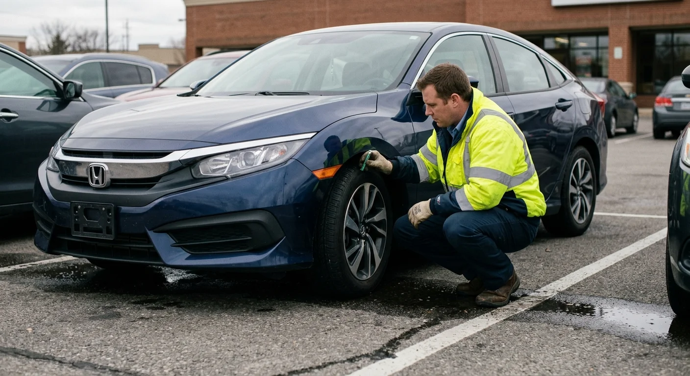 Independent wheel-lift operator checking a locked car's wheel position in Springfield
