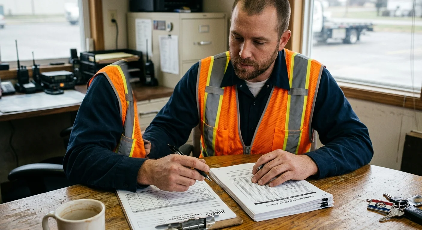 Driver reviewing a towing invoice and rate sheet at a table in Missouri