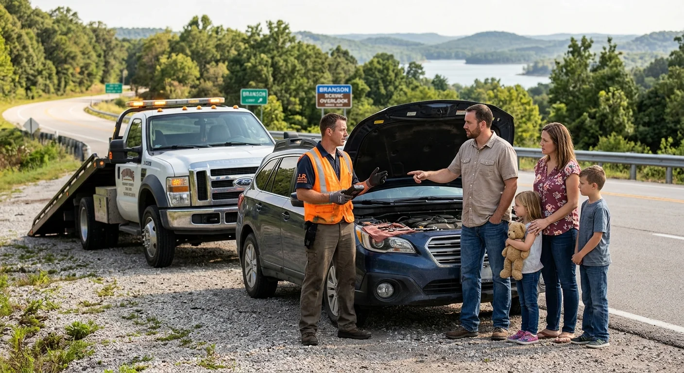 Stranded family speaking with an independent tow operator beside a disabled car