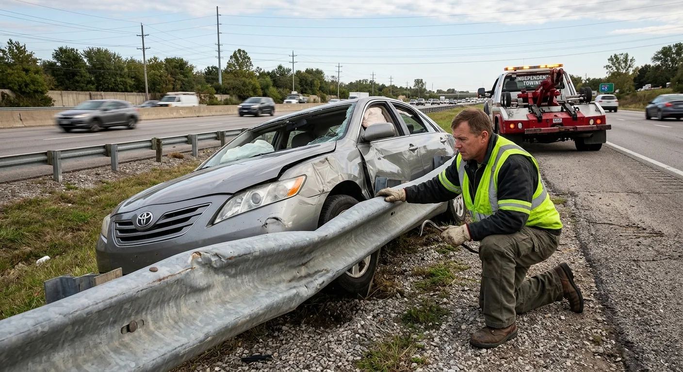 Car resting against an I-44 guardrail near Springfield as a recovery operator assesses access