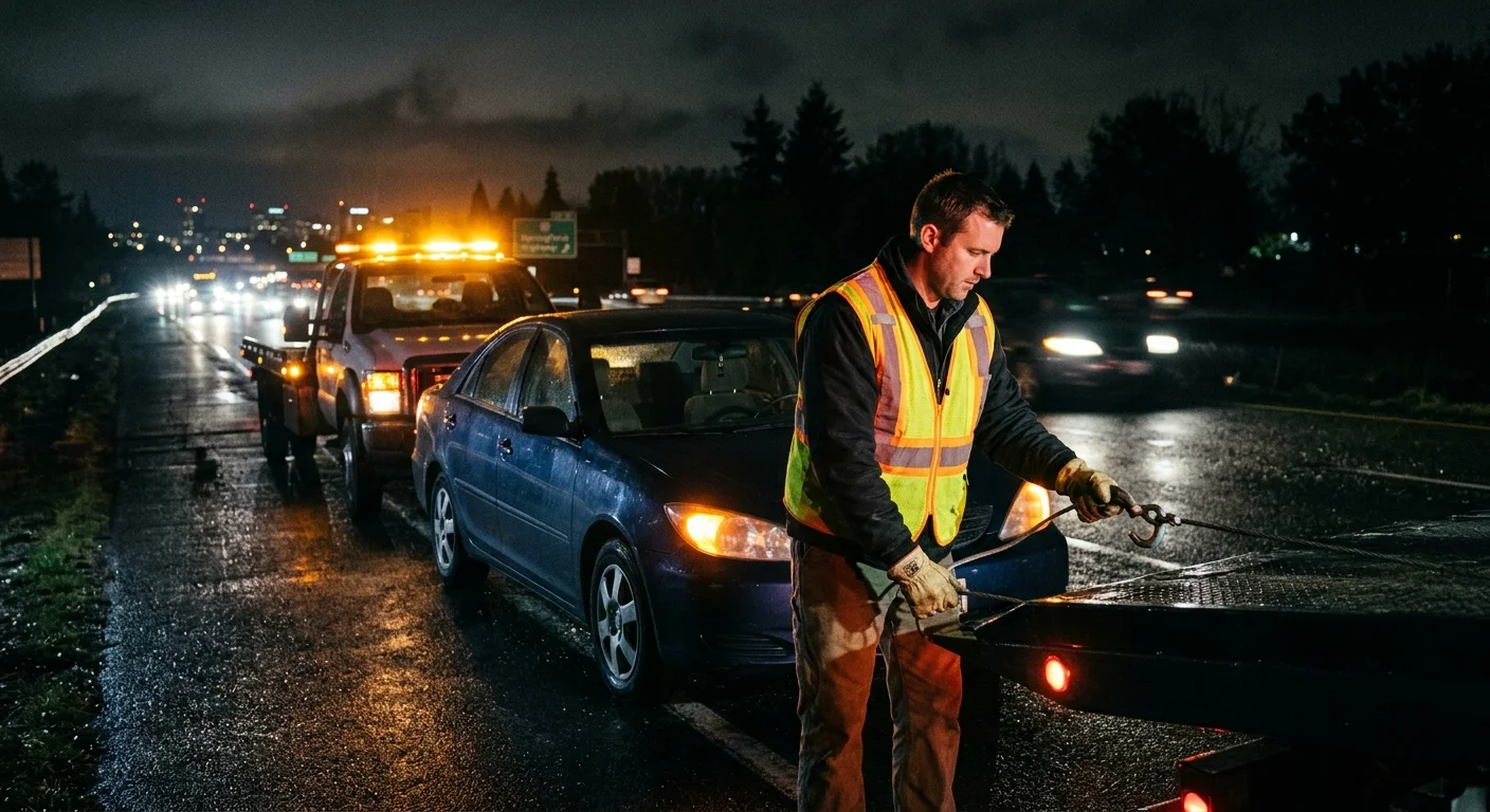 Hazard lights flashing on a car stopped on a dark Springfield highway shoulder