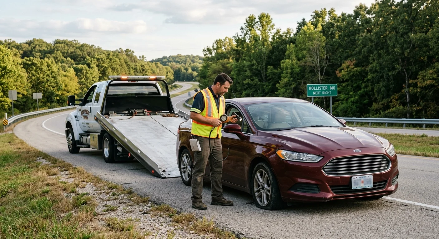 Disabled sedan near Hollister with an independent flatbed operator assessing the pickup