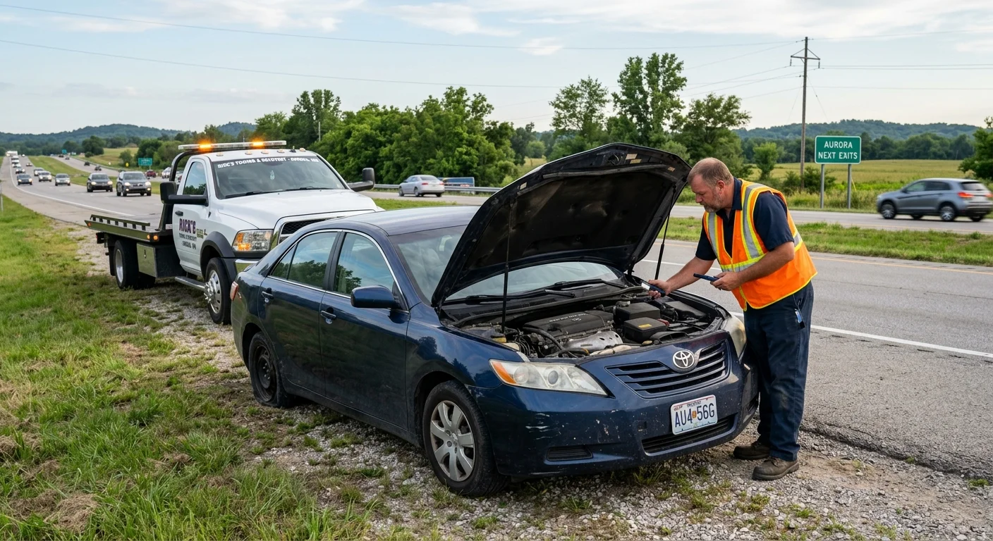Disabled sedan stopped beside US-60 near Aurora, Missouri