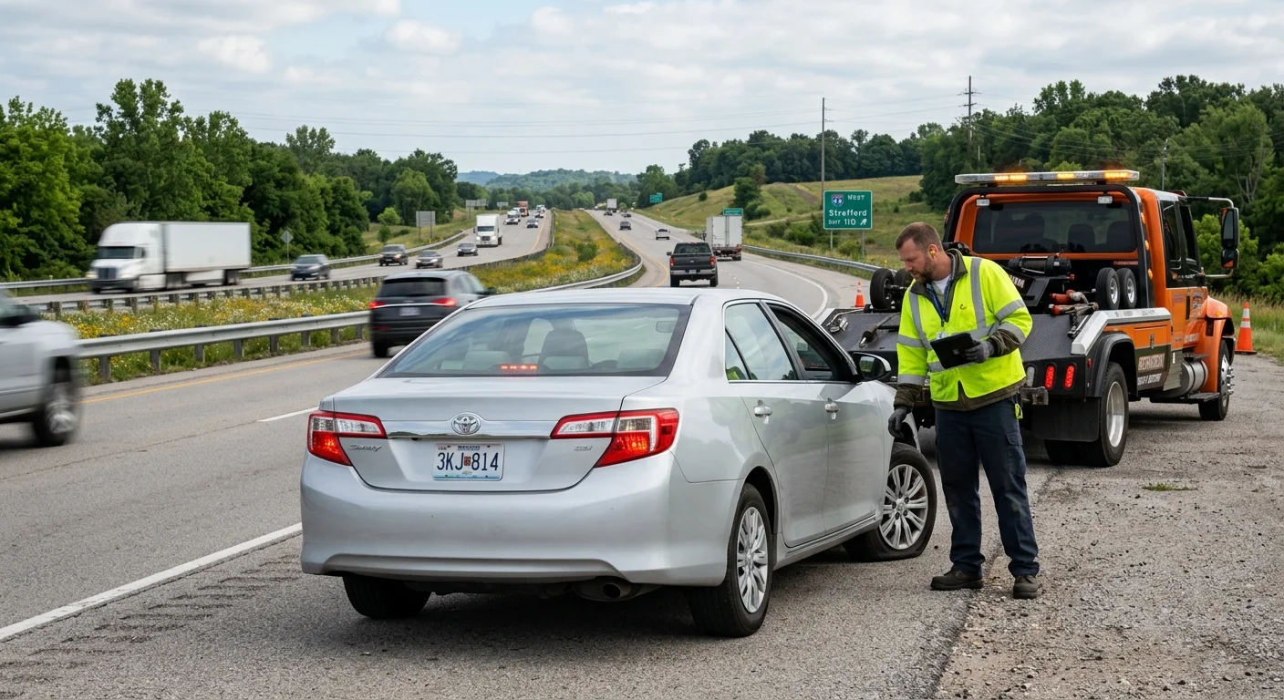 Disabled sedan stopped on the I-44 shoulder near Strafford, Missouri