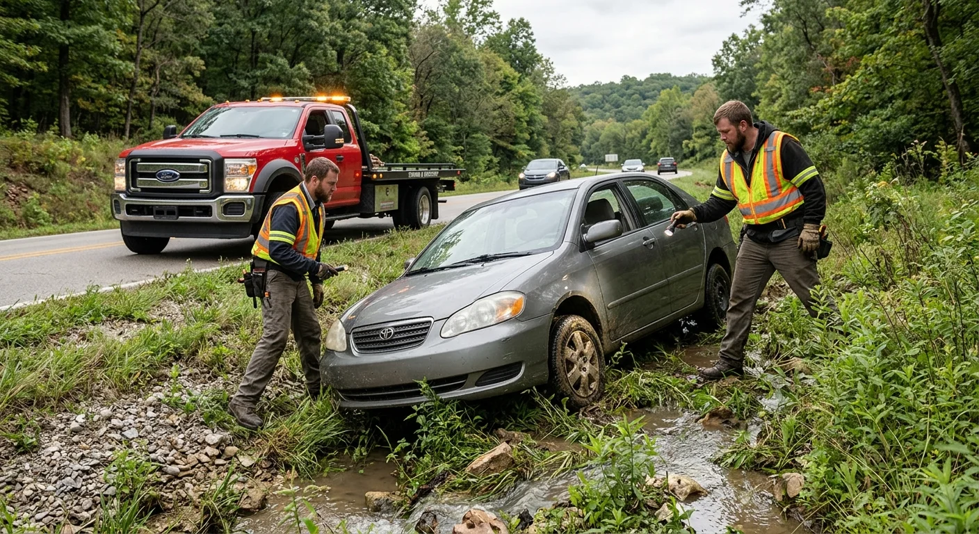 Car resting in a shallow Ozarks roadside ditch while a recovery operator assesses it