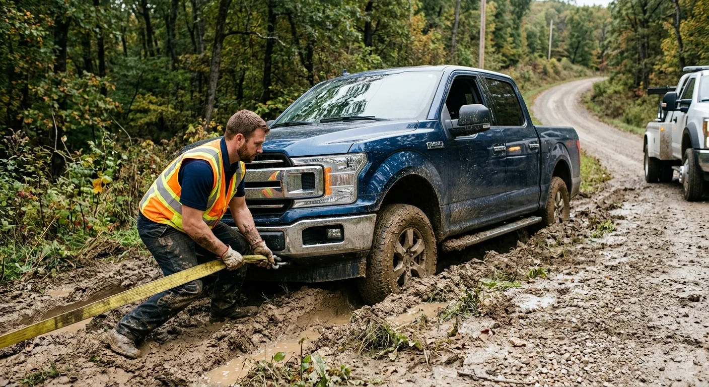 Pickup truck sunk to its wheel wells in Ozarks mud