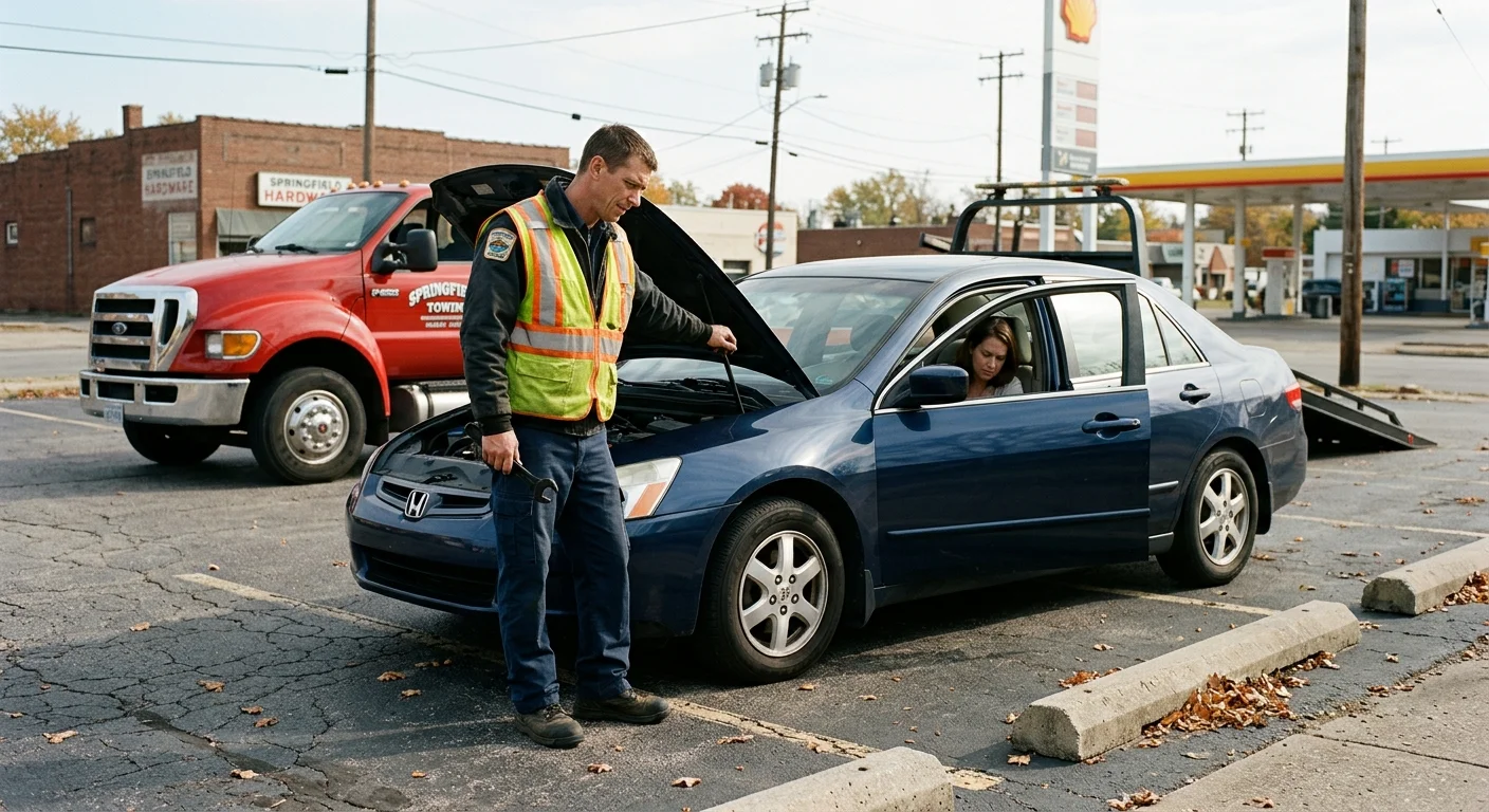Driver beside a car that will not start in a Springfield parking lot