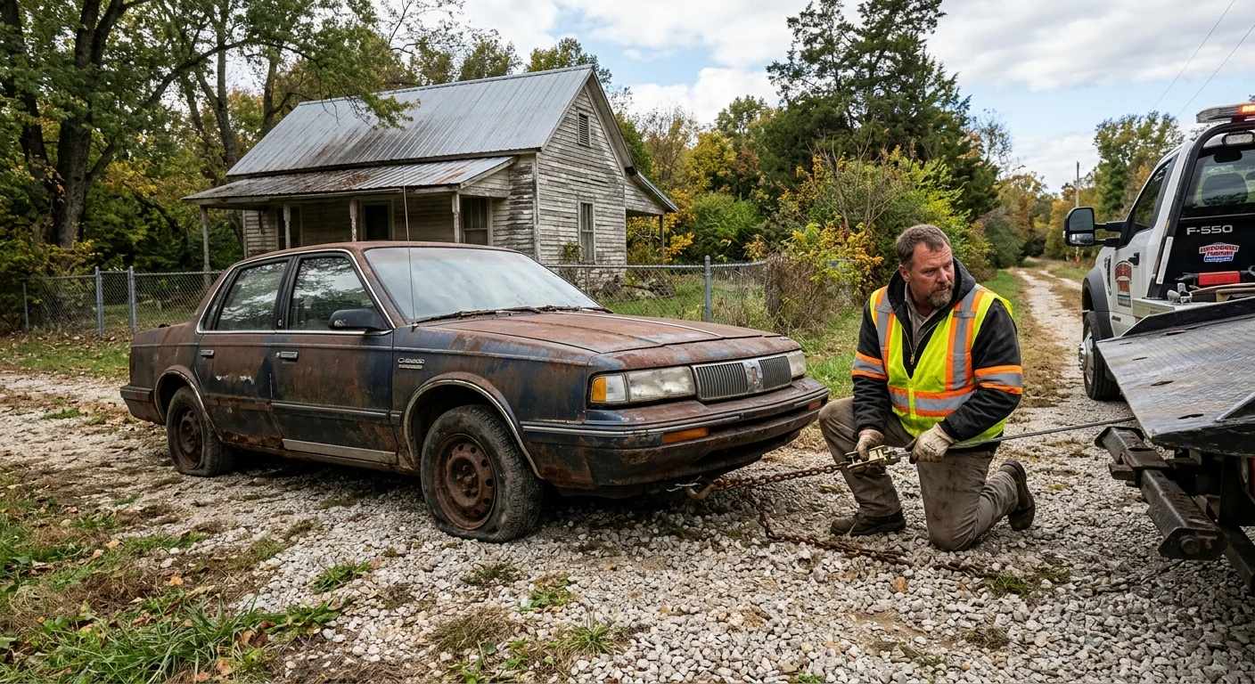 Rusted non-running sedan parked on gravel behind a Missouri property