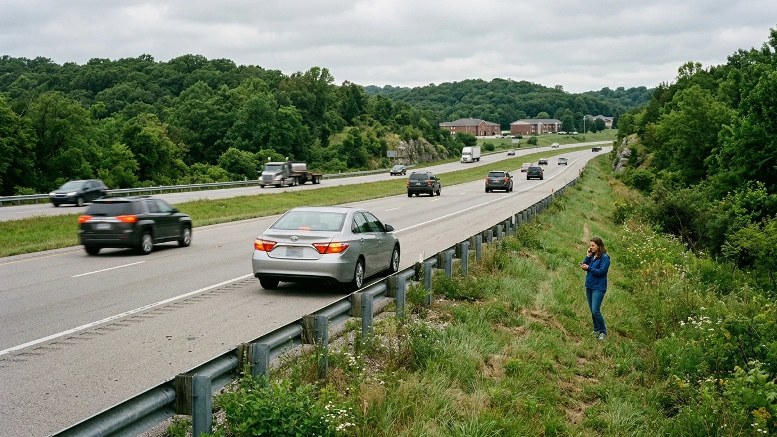 Driver waiting beside a stopped car on a Springfield Missouri shoulder at dusk