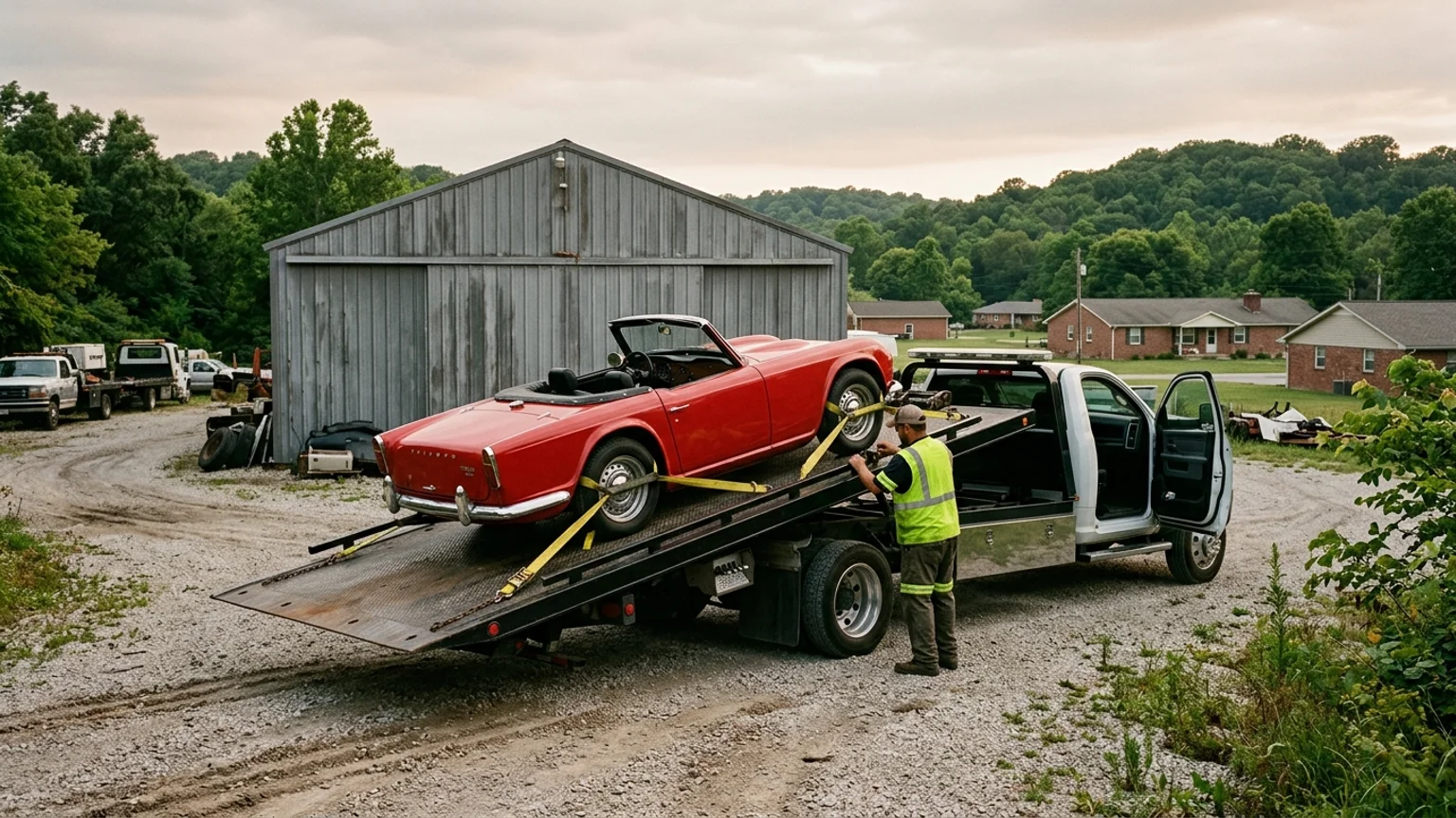 Vintage car strapped on an open flatbed with soft straps over the tires