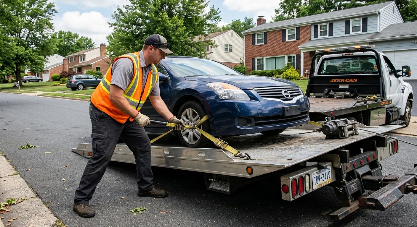 Tow operator securing a car to a flatbed on a residential street