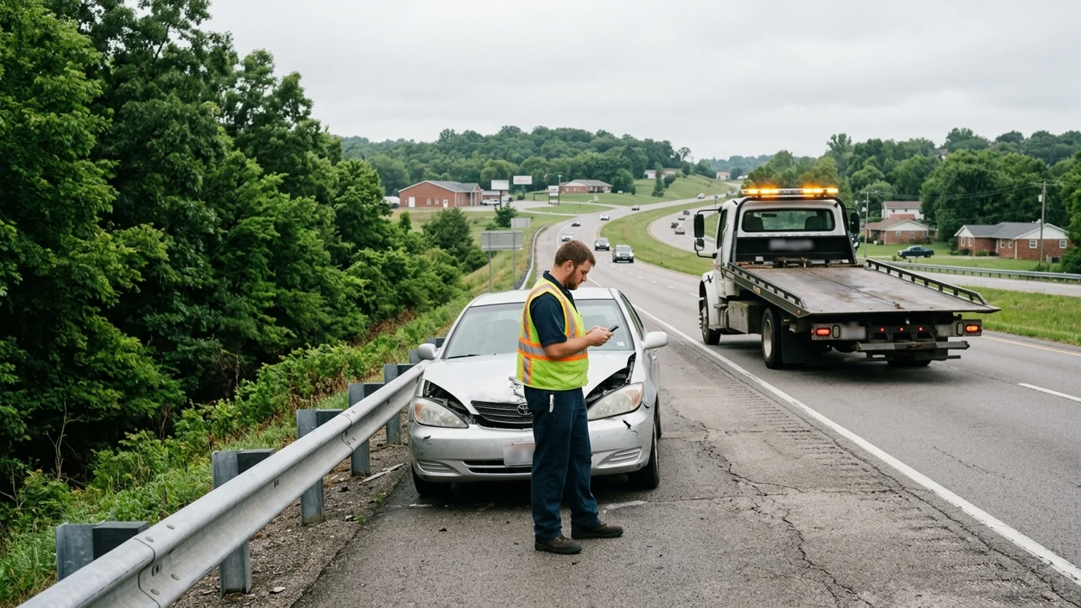 Driver reading an insurance card on a phone beside a stopped car