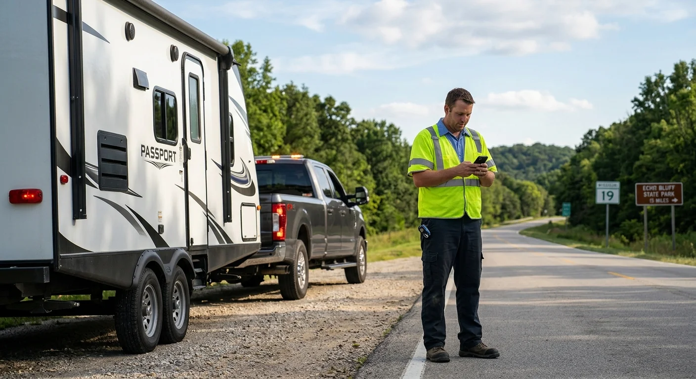 Driver checking insurance beside a stopped travel trailer in Missouri