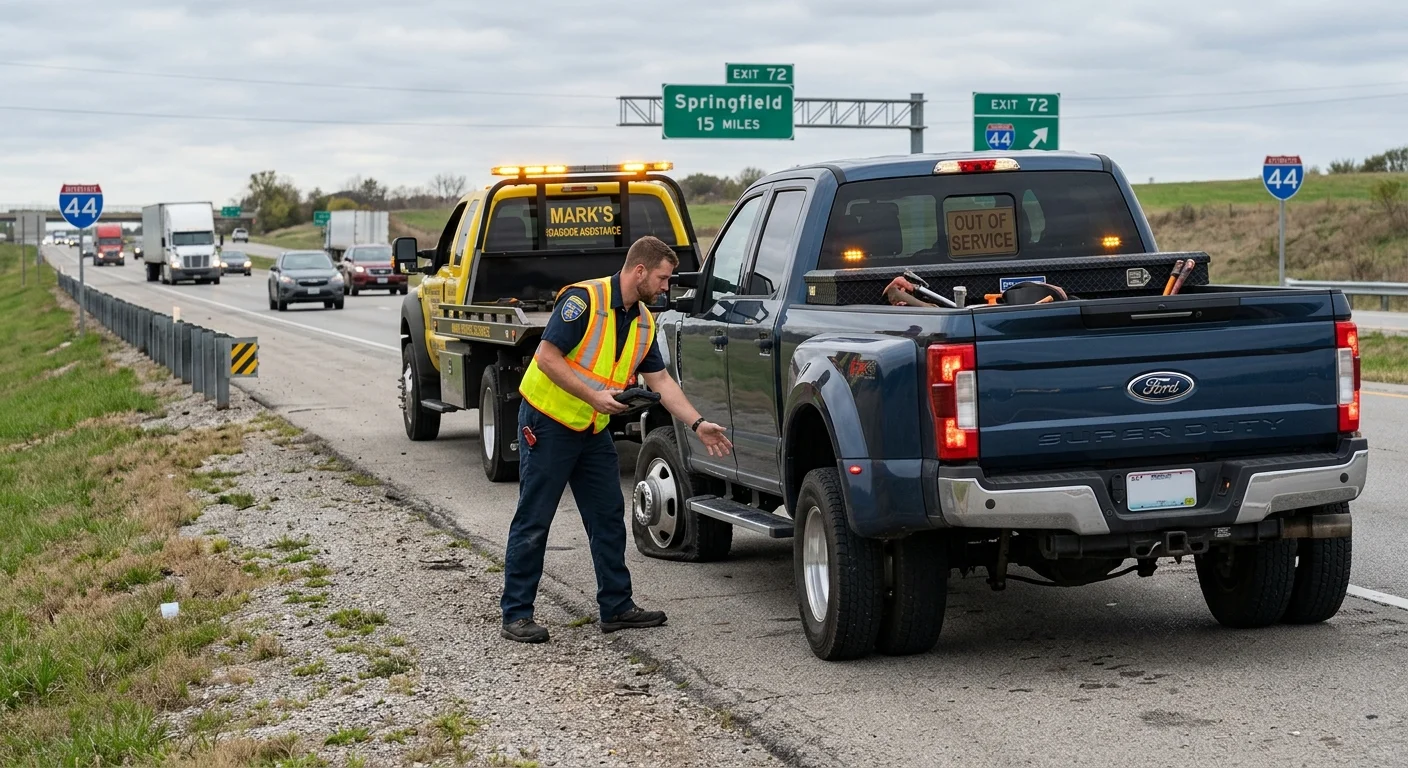 Disabled dually pickup on an I-44 shoulder near Springfield as an operator assesses it
