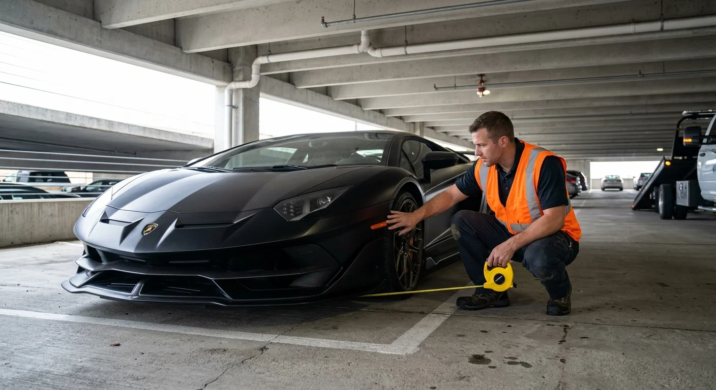 Low exotic car stopped inside a Springfield parking garage