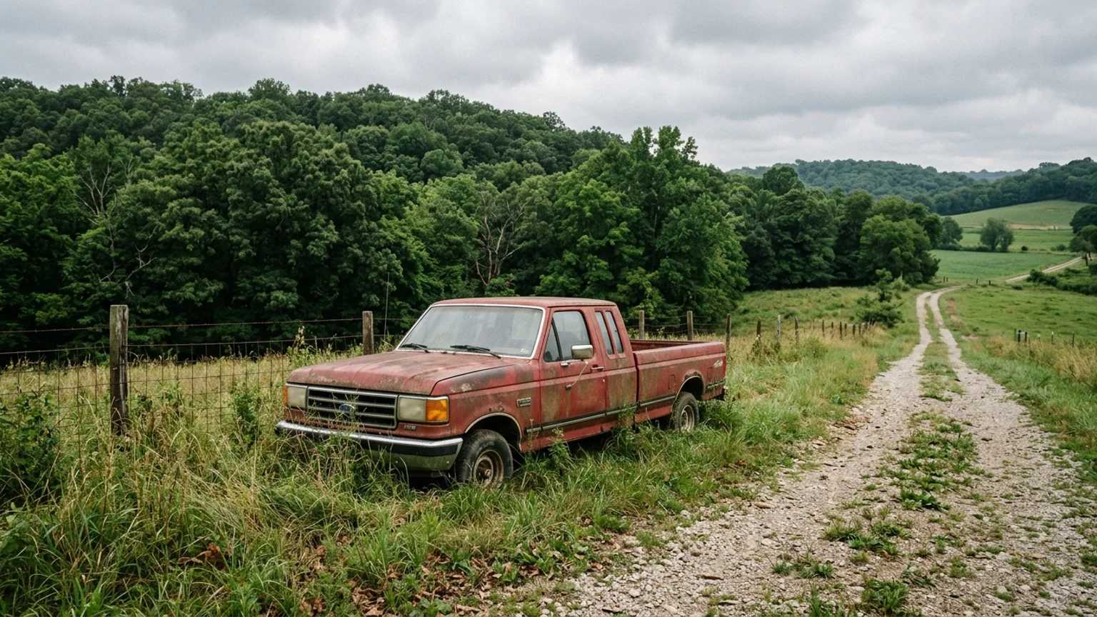 Faded older sedan parked on gravel behind a Missouri salvage yard fence