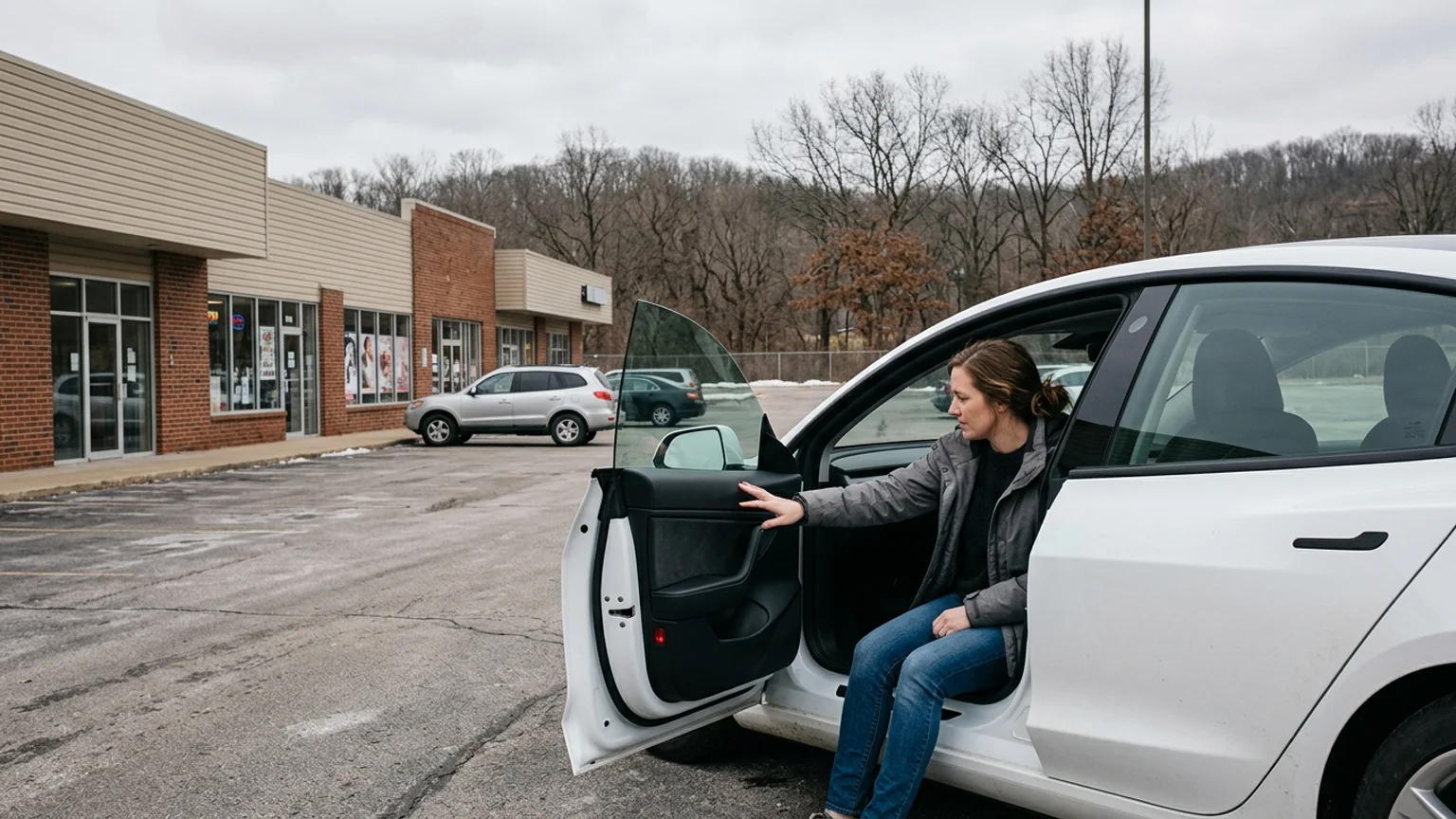 Driver tapping the touchscreen inside an electric car before a tow