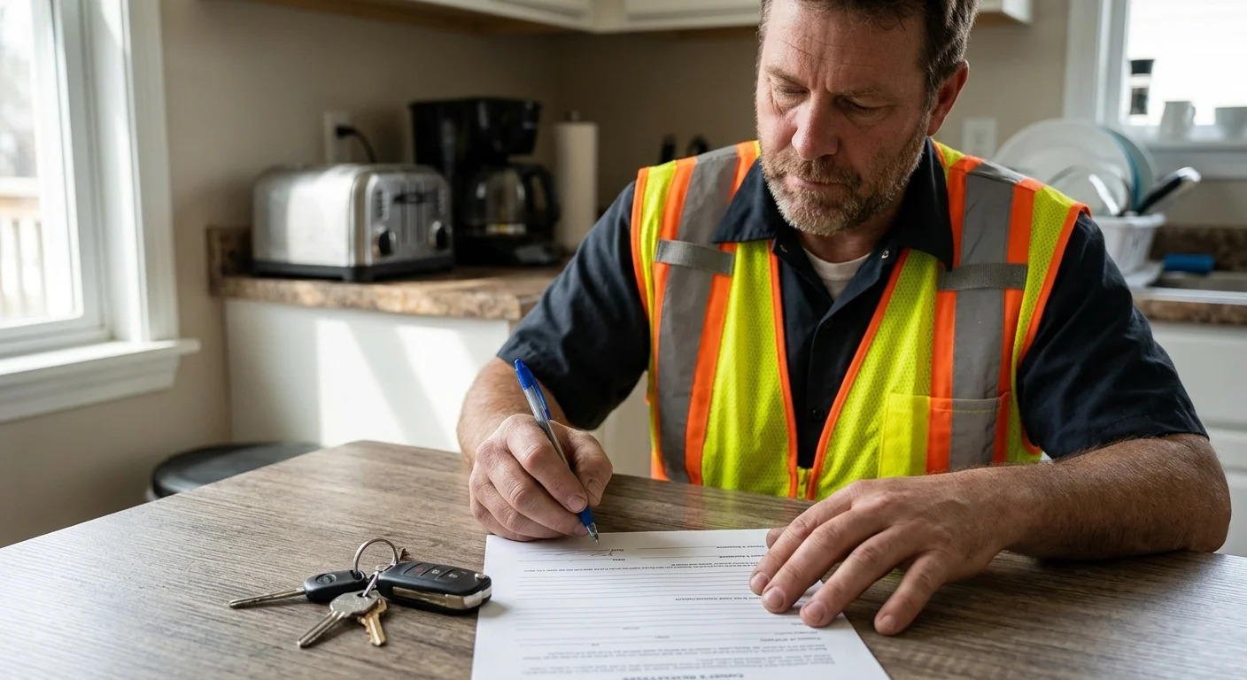 Vehicle paperwork and keys on a kitchen table with a pen ready to sign