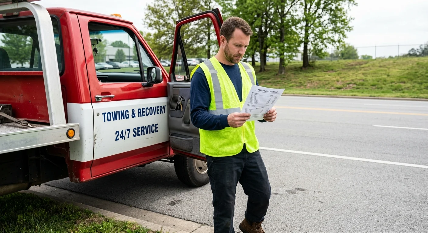 Driver reading a printed tow rate sheet beside a tow truck