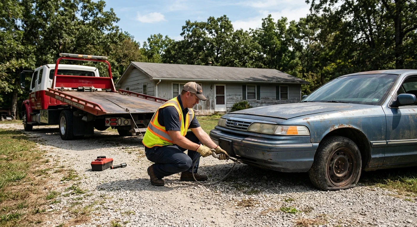 Non-running older sedan on a gravel driveway in Republic, Missouri