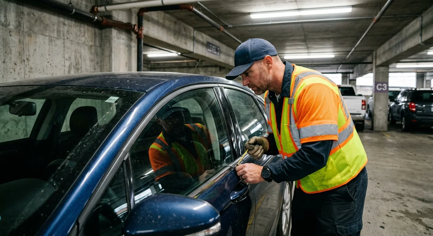 Driver checking a locked car window in a Springfield parking garage