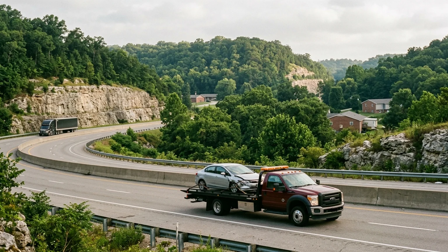 Flatbed tow truck carrying a car on a Missouri interstate at golden hour
