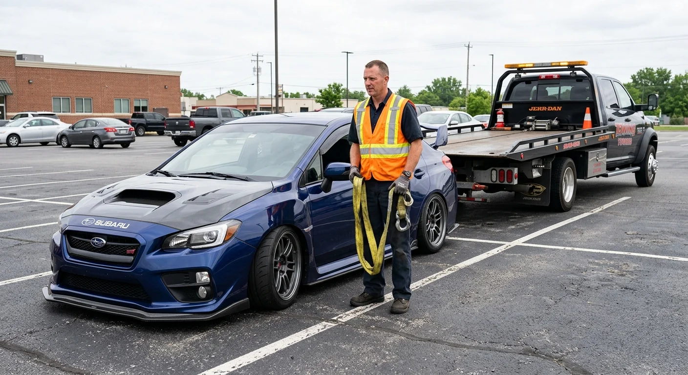 Lowered performance car waiting for an independent tow operator on a level lot