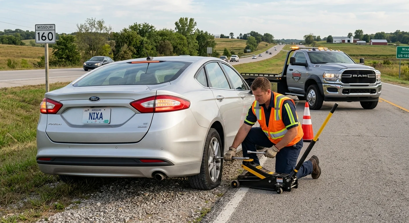 Flat rear tire on a sedan parked on a shoulder near Nixa Missouri