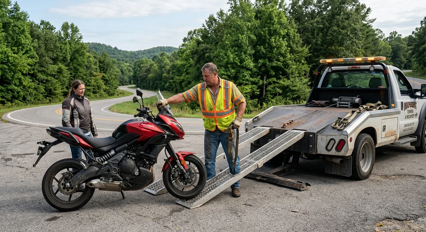 Stranded motorcycle beside an Ozarks road as an independent operator prepares a flatbed