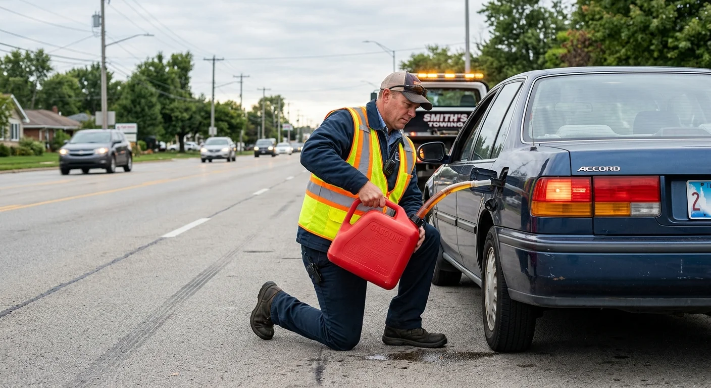 Fuel can being poured into a car stopped on a Springfield roadside