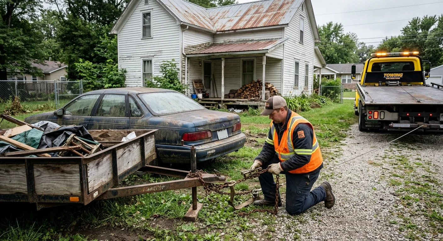 Unlicensed car and utility trailer sitting unused behind a Missouri home