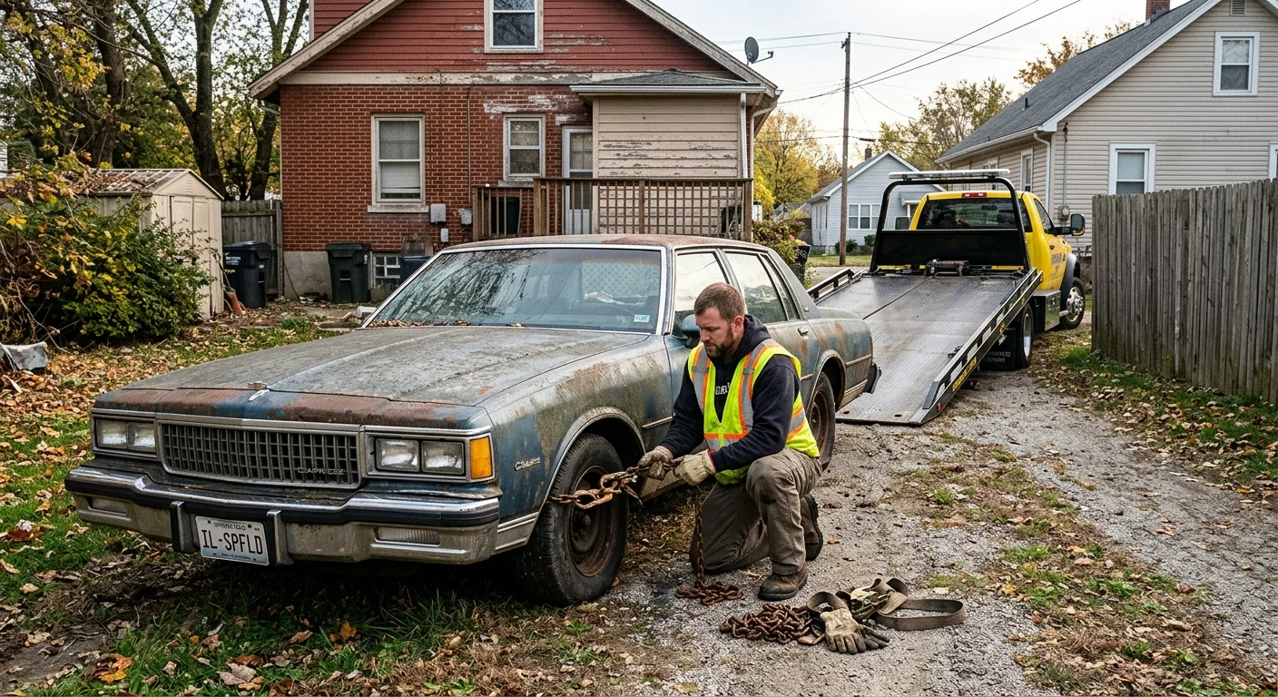 Non-running junk car without keys parked behind a Springfield home