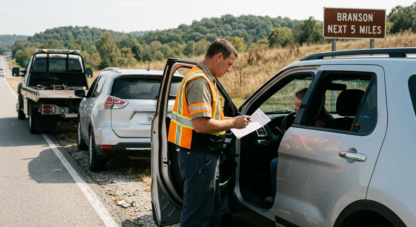 Out-of-state visitor checking a rental agreement beside a stopped car near Branson