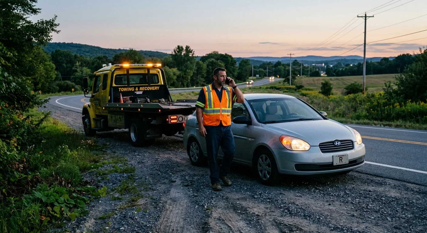 Driver on a phone beside a stopped car on a Springfield shoulder at dusk