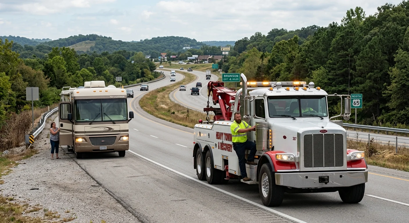 Disabled motorhome beside US-65 north of Branson