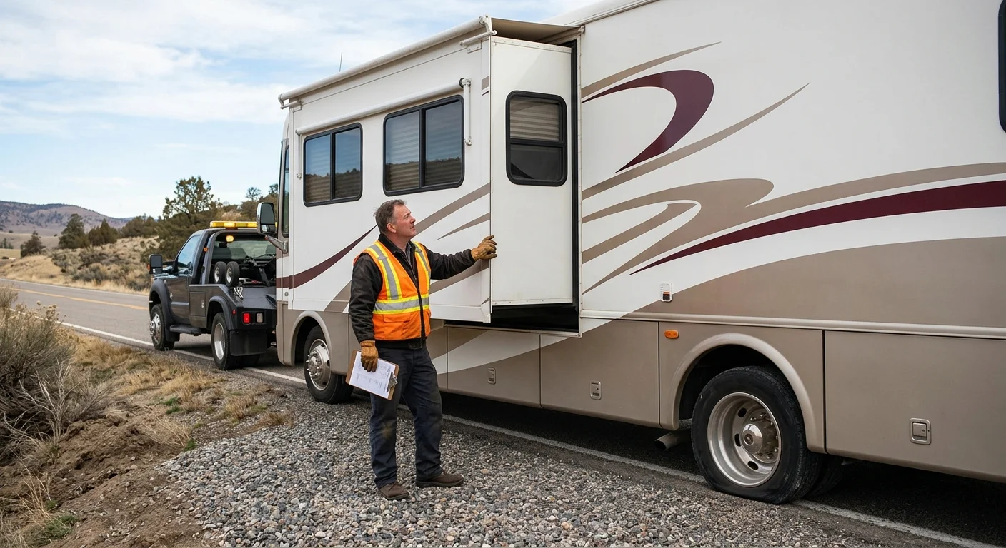 Motorhome with a slide-out extended while an independent operator checks access