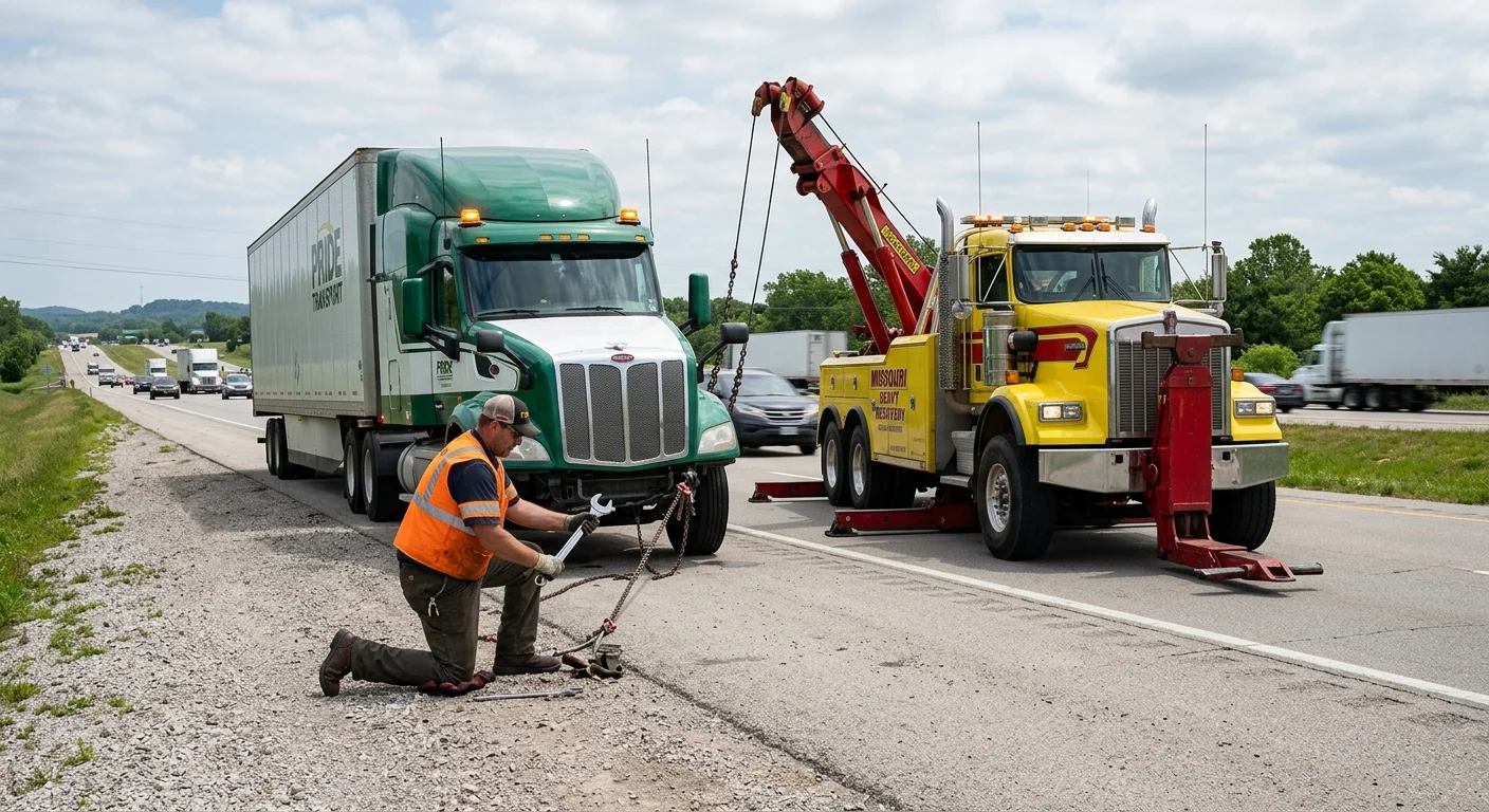 Disabled semi-truck on an I-44 shoulder near Springfield with an independent heavy recovery truck