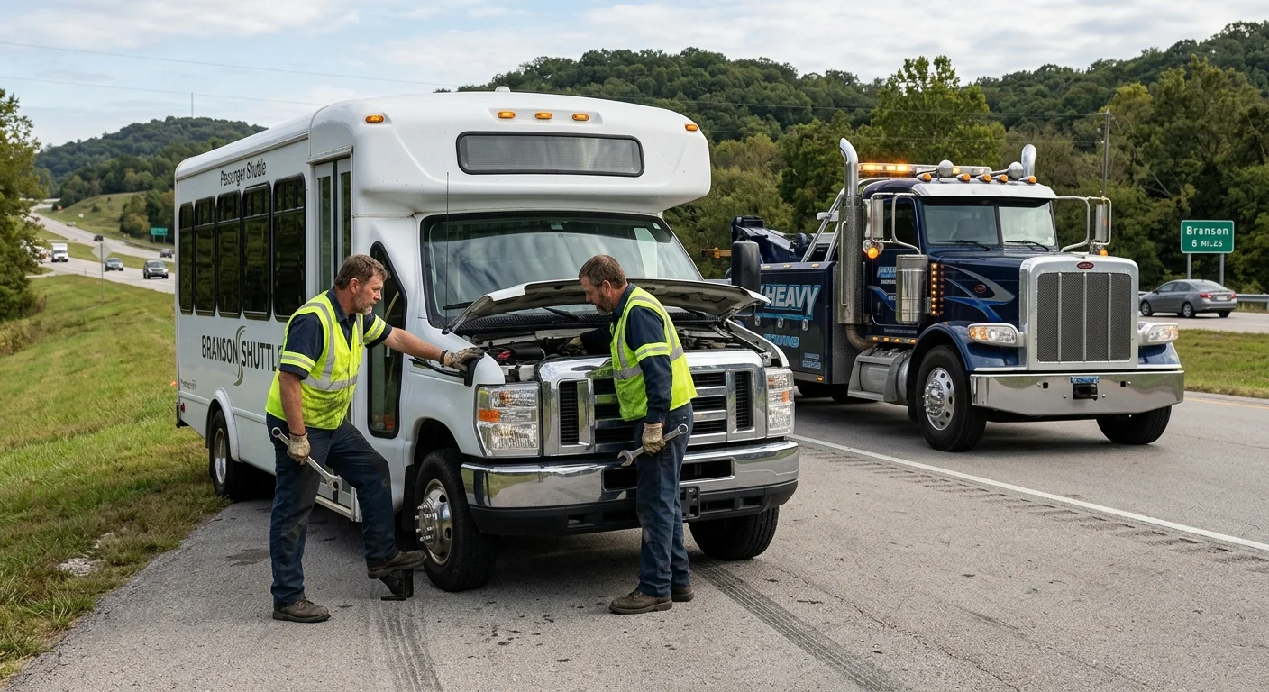Disabled passenger shuttle near Branson with an independent heavy towing operator