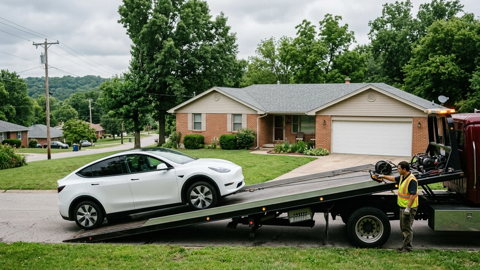 Electric car being winched onto a flatbed tow truck deck at the roadside