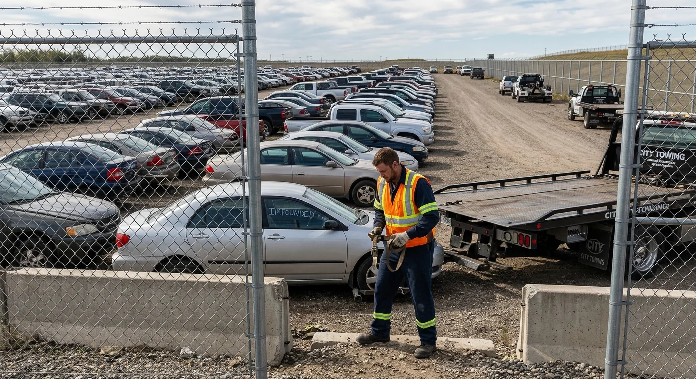 Rows of cars parked behind the fence of an impound storage lot