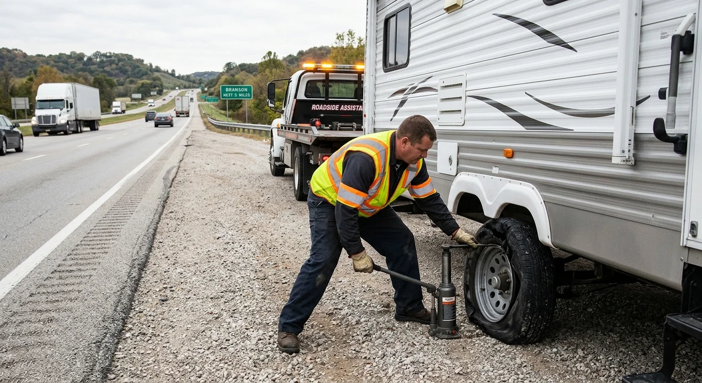 Travel trailer with a failed tire stopped beside US-65 near Branson