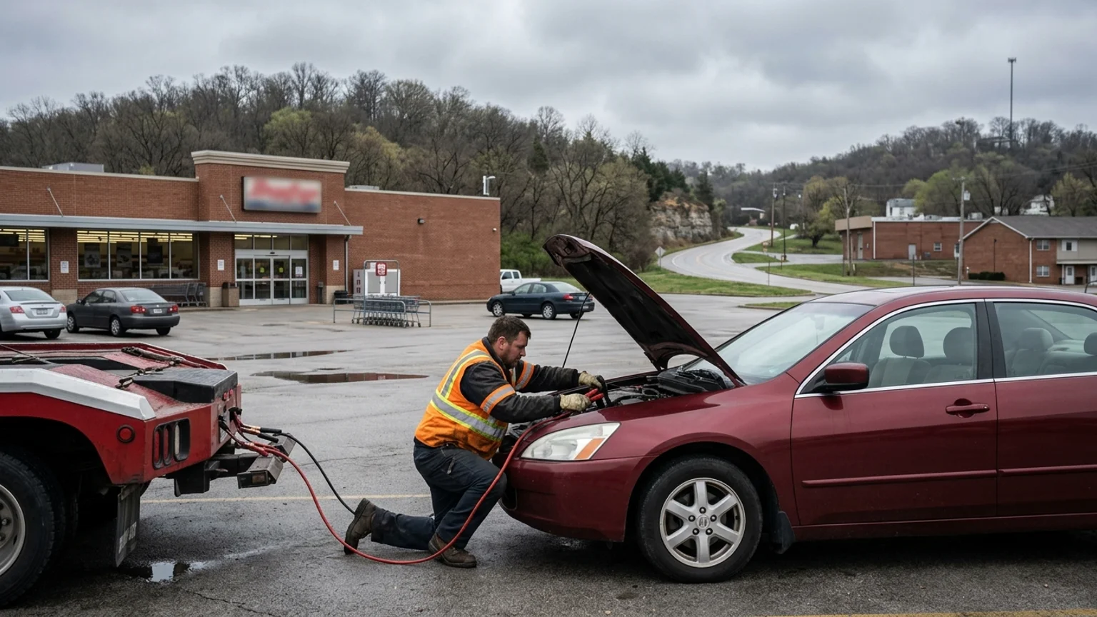 Jumper cables clamped to a car battery in a parking lot on a grey morning