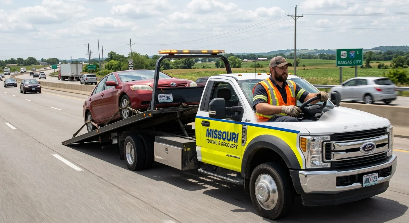Tow truck hauling a sedan along a Missouri highway at midday