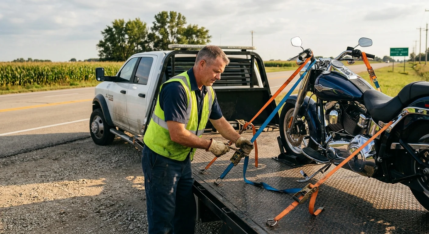 Motorcycle secured for transport by an independent operator in Springfield