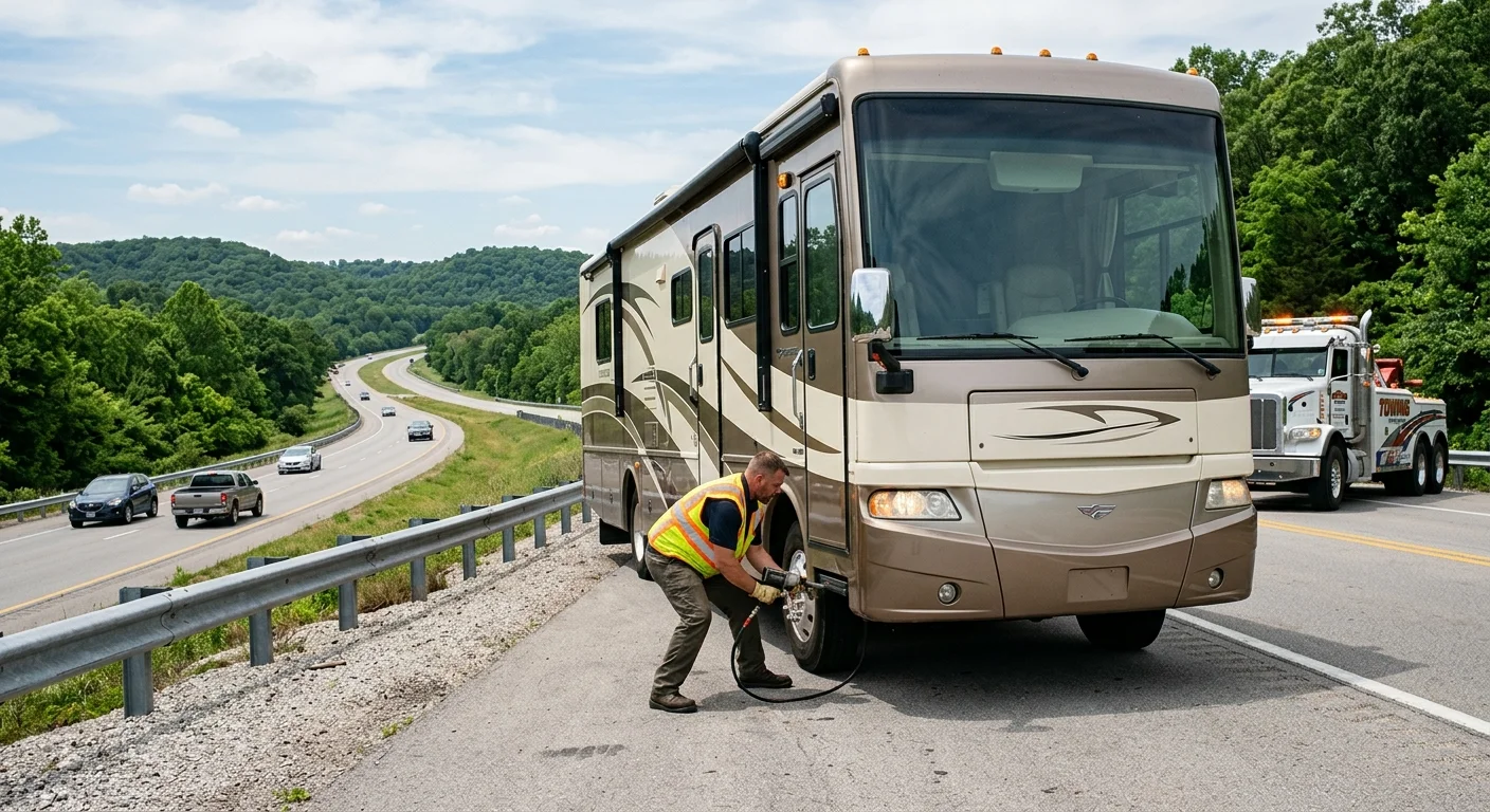 Class A motorhome stopped on a two-lane highway shoulder near Branson