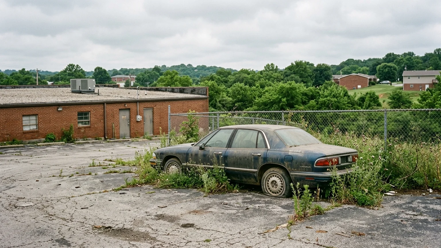 Dust covered car with flat tires left at the edge of a Missouri parking lot